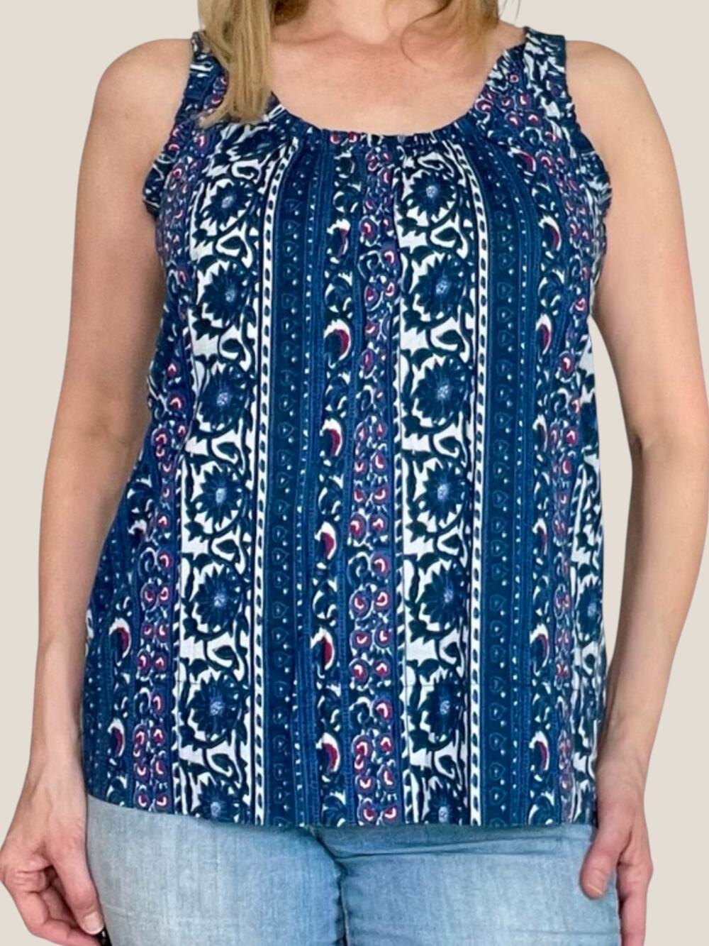 Calvin Klein Floral Tank with Pockets Navy Cotton Medium Peasant Boho